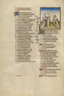 The Personification of Resistance Kneeling before Franchise; Roman de la Rose, about 1405. Creator: Unknown