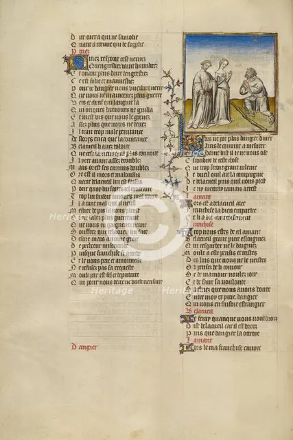 The Personification of Resistance Kneeling before Franchise; Roman de la Rose, about 1405. Creator: Unknown.
