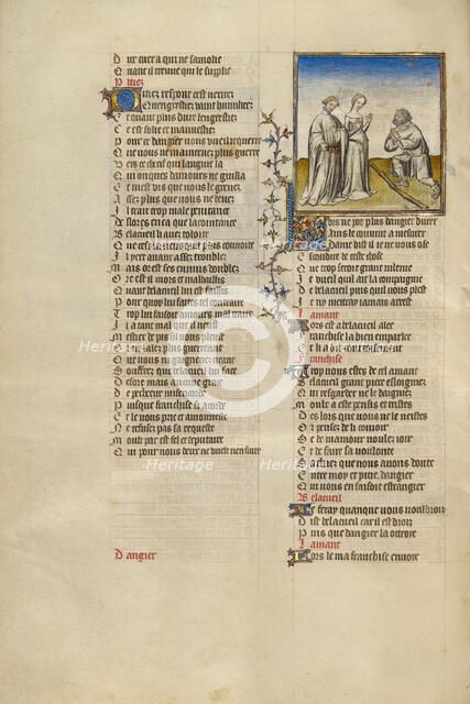 The Personification of Resistance Kneeling before Franchise; Roman de la Rose, about 1405. Creator: Unknown.