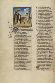 The Personifications of Abstinence and False Pretence before Bad Mouth; Roman de la Rose, about 1405 Creator: Unknown