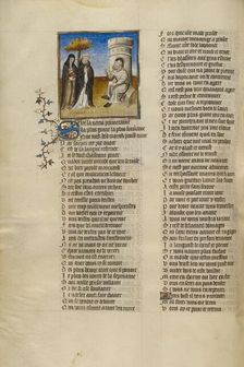 The Personifications of Abstinence and False Pretence before Bad Mouth; Roman de la Rose, about 1405 Creator: Unknown
