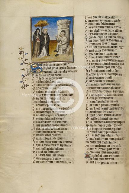 The Personifications of Abstinence and False Pretence before Bad Mouth; Roman de la Rose, about 1405 Creator: Unknown.
