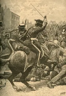 The Peterloo Massacre: hussars charging the people, Manchester, 1819 (c1890). Creator: Unknown