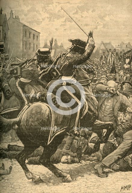 The Peterloo Massacre: hussars charging the people, Manchester, 1819 (c1890). Creator: Unknown.