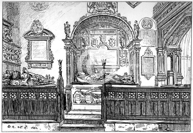 The pew at Clopton church, Stratford-upon-Avon, Warwickshire, 1885.Artist: Edward Hull