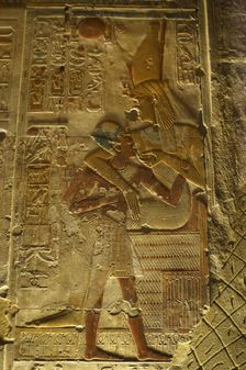 The Pharaoh being breastfed, Temple of Seti I, Abydos, Egypt, New Kingdom, 19th Dynasty (2003). Creator: LTL