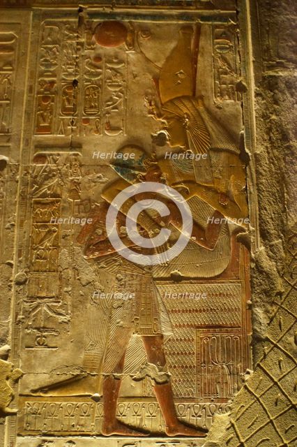The Pharaoh being breastfed, Temple of Seti I, Abydos, Egypt, New Kingdom, 19th Dynasty (2003). Creator: LTL.