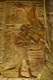 The Pharaoh being breastfed, Temple of Seti I, Abydos, Egypt, New Kingdom, 19th Dynasty (2003). Creator: LTL