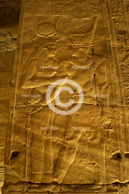 The Pharaoh making offerings to the goddess Hathor, Temple of Edfu, Egypt, Ptolemaic period, (2003). Creator: LTL.