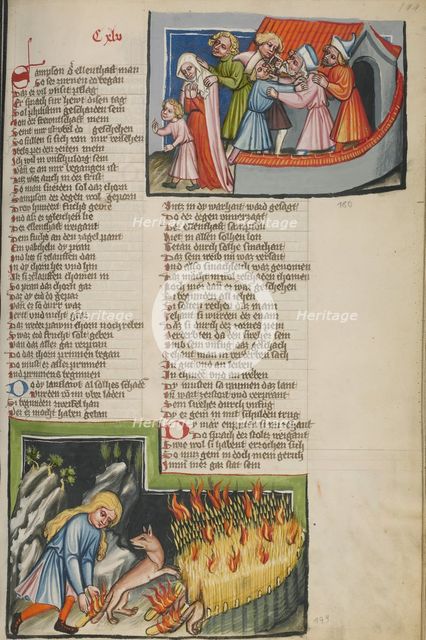 The Philistines Abducting Samson's Wife: Samson and the Foxes; Weltchronik, about 1400-1410. Creator: Unknown.