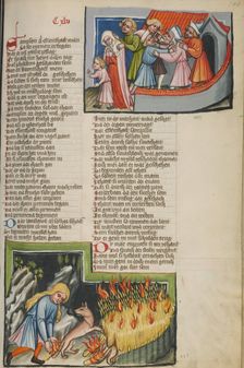 The Philistines Abducting Samson's Wife: Samson and the Foxes; Weltchronik, about 1400-1410. Creator: Unknown