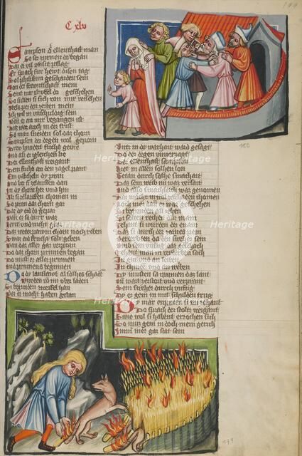 The Philistines Abducting Samson's Wife: Samson and the Foxes; Weltchronik, about 1400-1410. Creator: Unknown.