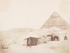 The Photographer before his Tent on the Site of the Pyramid of Khafre (Chephren), 1851. Creator: George Wilson Bridges