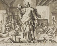 The Physician Considered as God, plate one from Allegories of the Medical Profession., 1587. Creator: Unknown