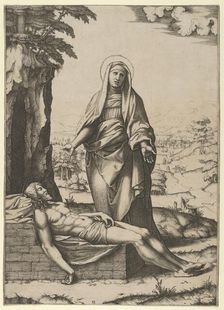 The Pietà: the Virgin standing over the dead Christ, her hands outspread, ca. 1515-17. Creator: Marcantonio Raimondi