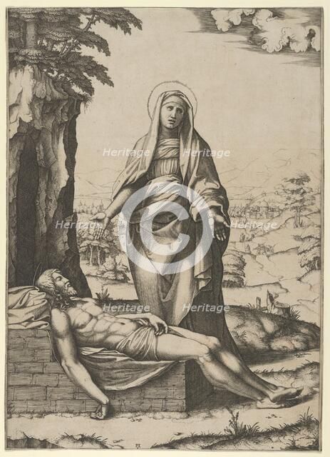 The Pietà: the Virgin standing over the dead Christ, her hands outspread, ca. 1515-17. Creator: Marcantonio Raimondi.