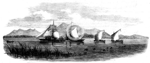 The Pioneer with boats in tow laden with parts of the steamer for Dr. Livingstone, 1862. Creator: Unknown.