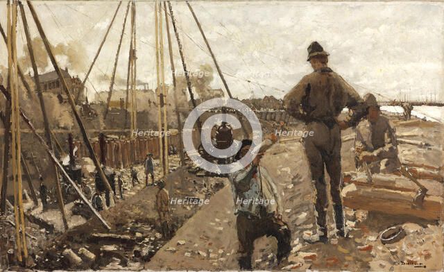 The pile driving on the Van Diemenstraat in Amsterdam, 1897.