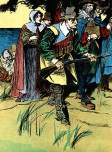 The Pilgrim fathers after arriving in America, 1620 (c1900)