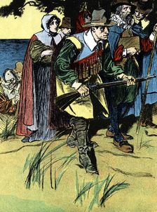 The Pilgrim fathers after arriving in America, 1620 (c1900)