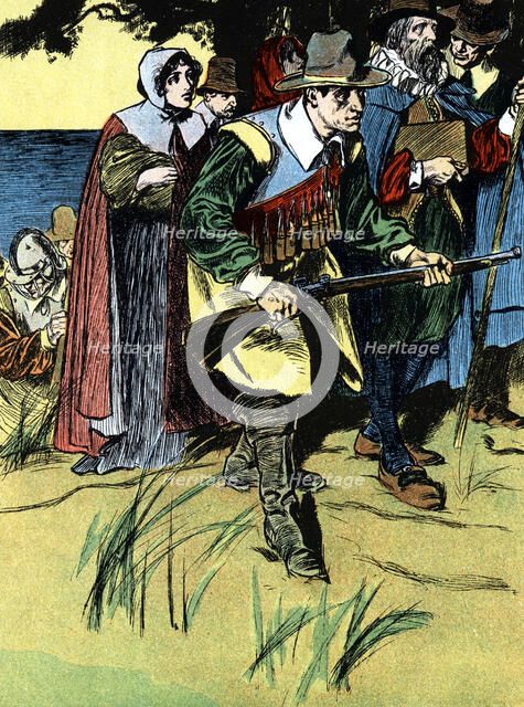 The Pilgrim fathers after arriving in America, 1620 (c1900). Artist: Unknown