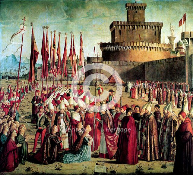 The Pilgrims are met by Pope Cyriacus in front of the Walls of Rome (The Legend of Saint Ursula), 1497. Artist: Carpaccio, Vittore (1460-1526)