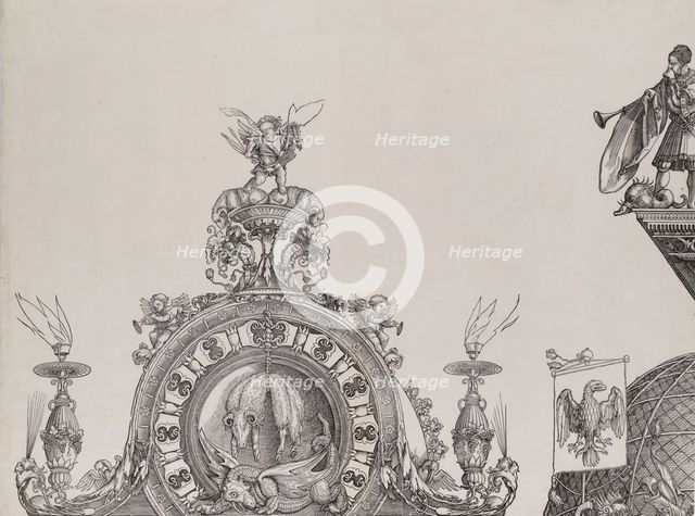The Pinnacle of the Left Portal; and a Trumpeter and Standard from the Cupola of the Centr..., 1515. Creator: Hans Springinklee.