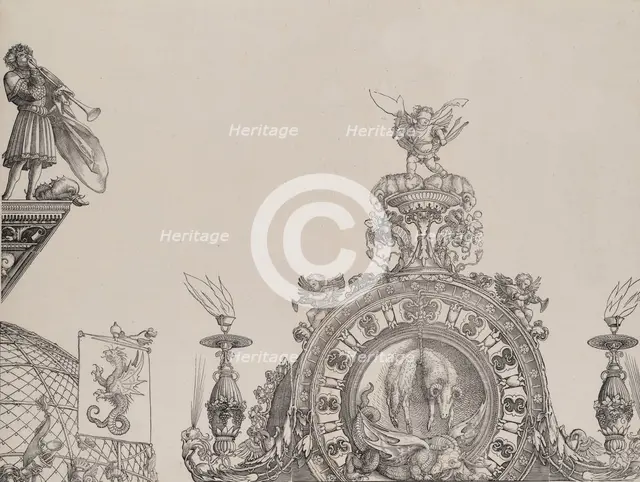 The Pinnacle of the Right Portal; and a Trumpeter and Standard from the Central Portal, fr..., 1515. Creator: Hieronymus Andreae.