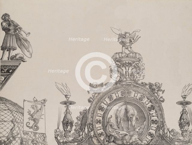 The Pinnacle of the Right Portal; and a Trumpeter and Standard from the Central Portal, fr..., 1515. Creator: Hieronymus Andreae.
