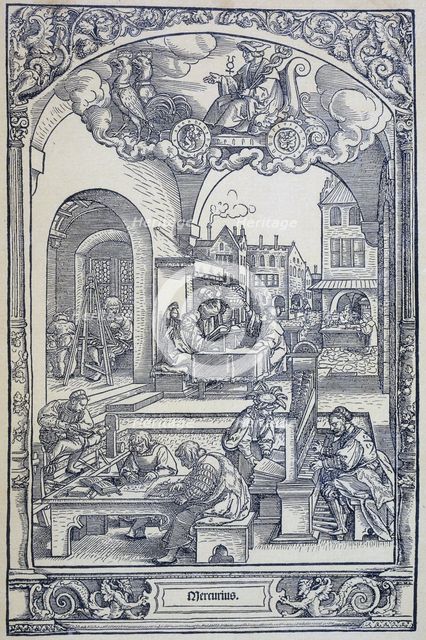 The planet Mercury and artists, scholars and technicians, c1535. Creator: Sebald Beham.