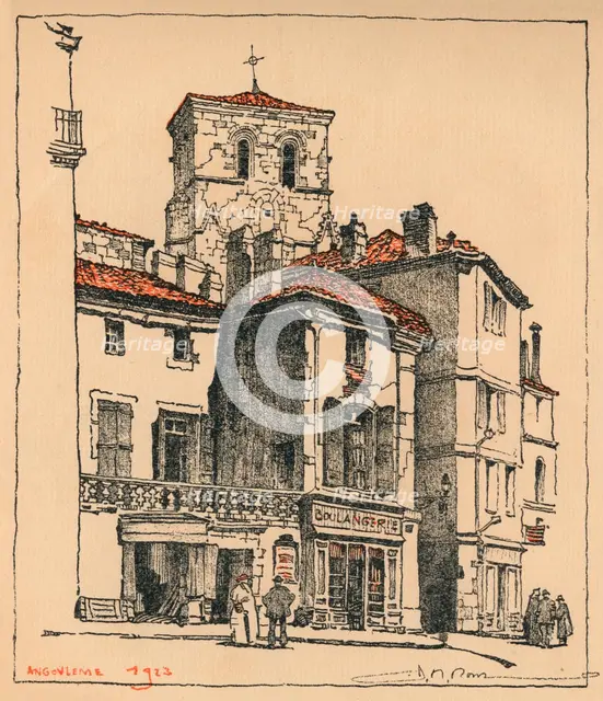 The Place du Murier, with the tower of the Church of St Andre, at Angouleme, France, 1924. Artist: JR Rowe.