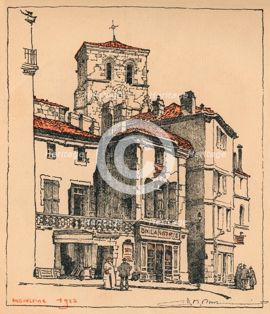 The Place du Murier, with the tower of the Church of St Andre, at Angouleme, France, 1924. Artist: JR Rowe.