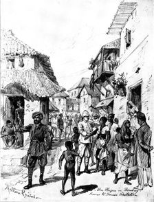 The Plague in Bombay: president of the local committee and an Indian doctor...native quarter, 1898. Creator: Unknown