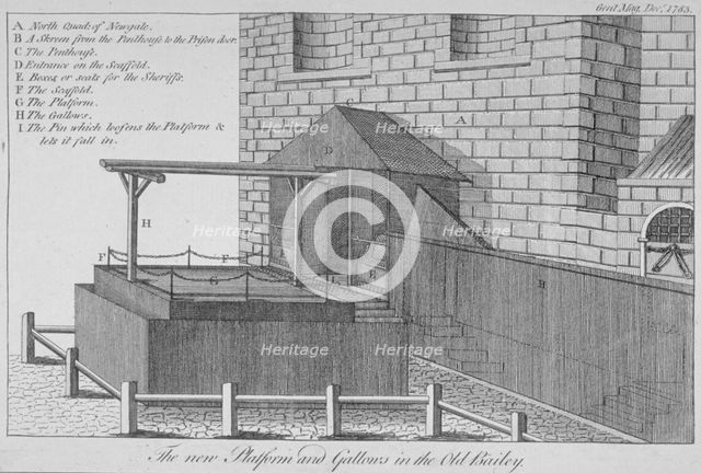 The platform and gallows at Newgate Prison, Old Bailey, City of London, 1783. Artist: Anon