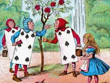 The Playing cards painting the Rose Bushes c1910. Artist: John Tenniel