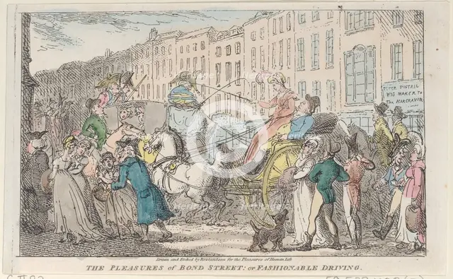 The Pleasures of Bond Street: or Fashionable Driving, 1807., 1807. Creator: Thomas Rowlandson.