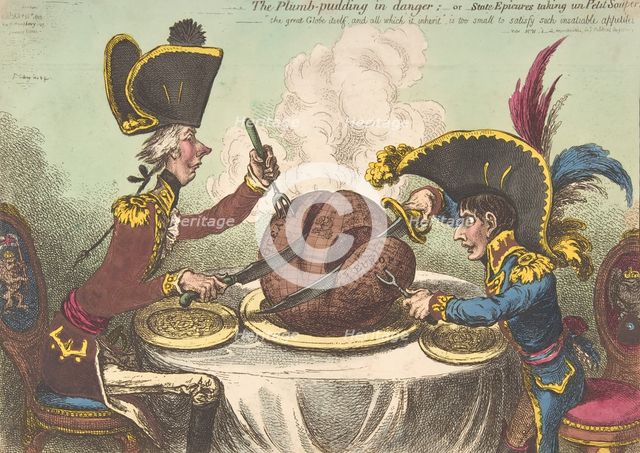 The Plumb-Pudding in Danger;-or-State Epicures Taking un Petit Souper, Februa..., February 26, 1805. Creator: James Gillray.