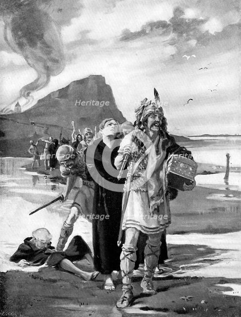 The plunder of Lindisfarne, Northumberland, 793 AD, (c1920). Artist: Margaret Dovaston