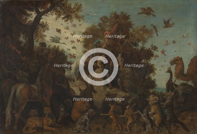 The poet crowned by two apes at the feast of the animals, 1623. Creator: Workshop of Roelant Savery.
