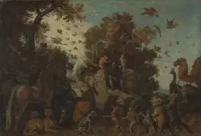 The poet crowned by two apes at the feast of the animals, 1623. Creator: Workshop of Roelant Savery