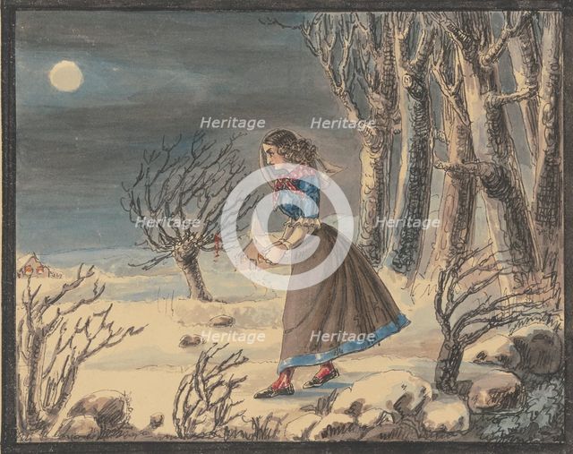The poet Anna Louise Karsch in a winter landscape by full moon, mid-late 19th century. Creator: Caroline Pierson.