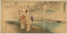 The Poet Basho's House at Sekiguchi (Beautiful Women at Famous Places). Triptych, 1898. Creator: Ogata Gekko