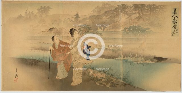 The Poet Basho's House at Sekiguchi (Beautiful Women at Famous Places). Triptych, 1898. Creator: Ogata Gekko.