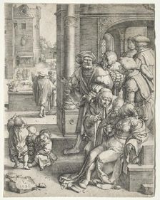 The Poet Virgil Suspended in a Basket, 1525. Creator: Lucas van Leyden (Dutch, 1494-1533)