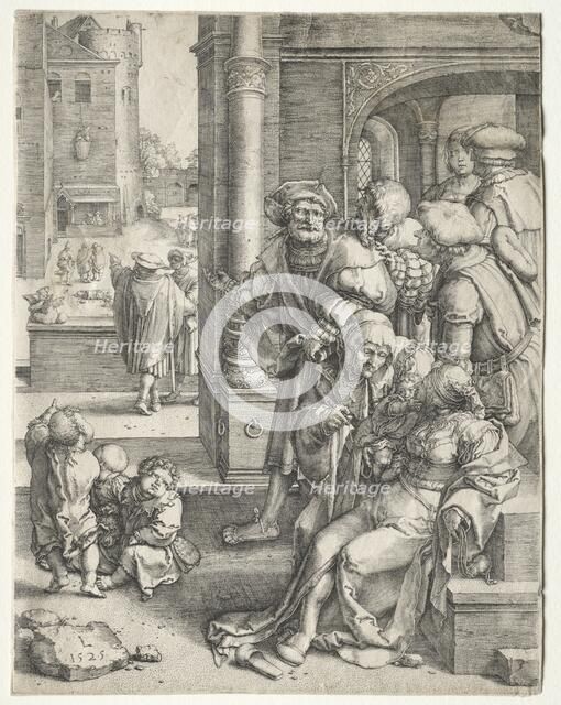 The Poet Virgil Suspended in a Basket, 1525. Creator: Lucas van Leyden (Dutch, 1494-1533).