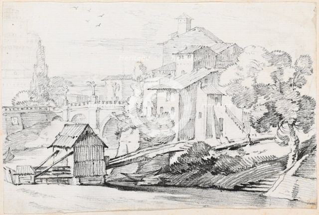 The Ponte Sant'Angelo and Houses on the East Bank of the Tiber, 1744/1750. Creator: Joseph-Marie Vien the Elder.
