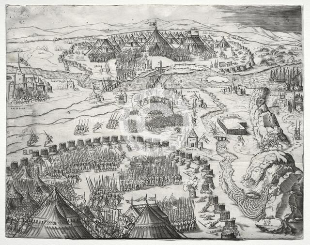 The Position and Camp of the Armies of Charles V and Soliman II, 1532. Creator: Agostino Musi (Italian, 1490-1540).