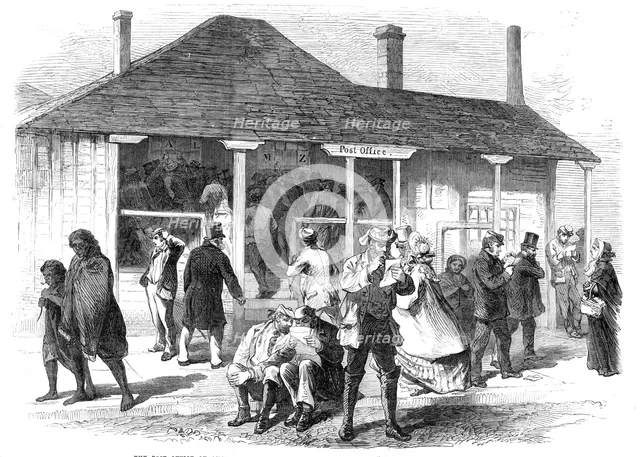 The Post Office of Auckland, New Zealand: arrival of the "Home" Mails, 1864. Creator: Unknown.