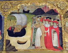 The Pope Ciriaco with his court receiving in Rome to the Saint and her maids, table in the Prede…