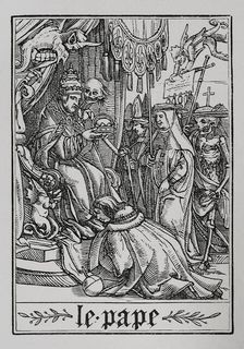 The Pope visited by Death from "The Dance of Death", 1538, (1877). Creator: Unknown